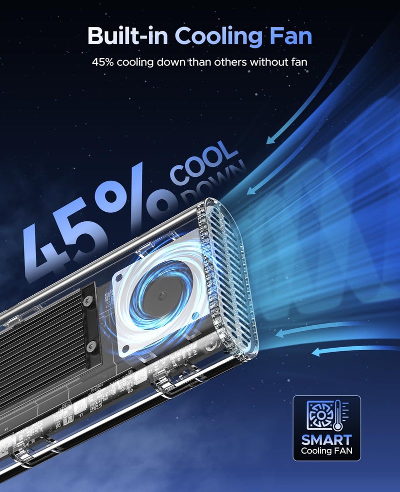 ORICO 40Gbps M.2 NVMe SSD Enclosure with Built-in Cooling Fan, Tool-Free External Hard Drive Enclosure, Support 2230 2242 2260 2280(M Key), Compatible with Thunderbolt 3/4 USB4/3.2/3.1/3.0/2.0-TCM2U4 - Image 3