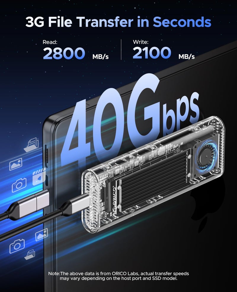 ORICO 40Gbps M.2 NVMe SSD Enclosure with Built-in Cooling Fan, Tool-Free External Hard Drive Enclosure, Support 2230 2242 2260 2280(M Key), Compatible with Thunderbolt 3/4 USB4/3.2/3.1/3.0/2.0-TCM2U4 - Image 2