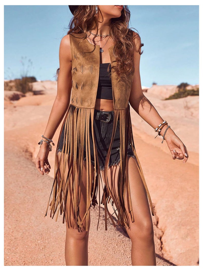 BEAUDRM Women's Fringe Vest Sleeveless 70s Hippie Faux Suede Trim Western Cowgirl Tassel Jacket Cardigan Brown Medium - Image 3
