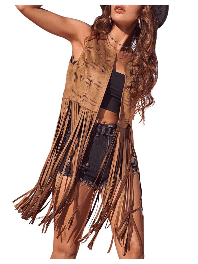 BEAUDRM Women's Fringe Vest Sleeveless 70s Hippie Faux Suede Trim Western Cowgirl Tassel Jacket Cardigan Brown Medium - Image 1