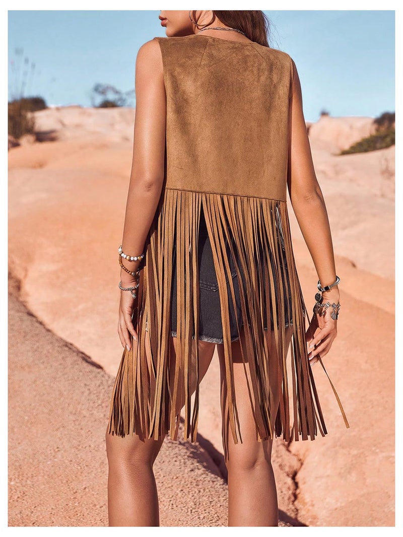 BEAUDRM Women's Fringe Vest Sleeveless 70s Hippie Faux Suede Trim Western Cowgirl Tassel Jacket Cardigan Brown Medium - Image 2