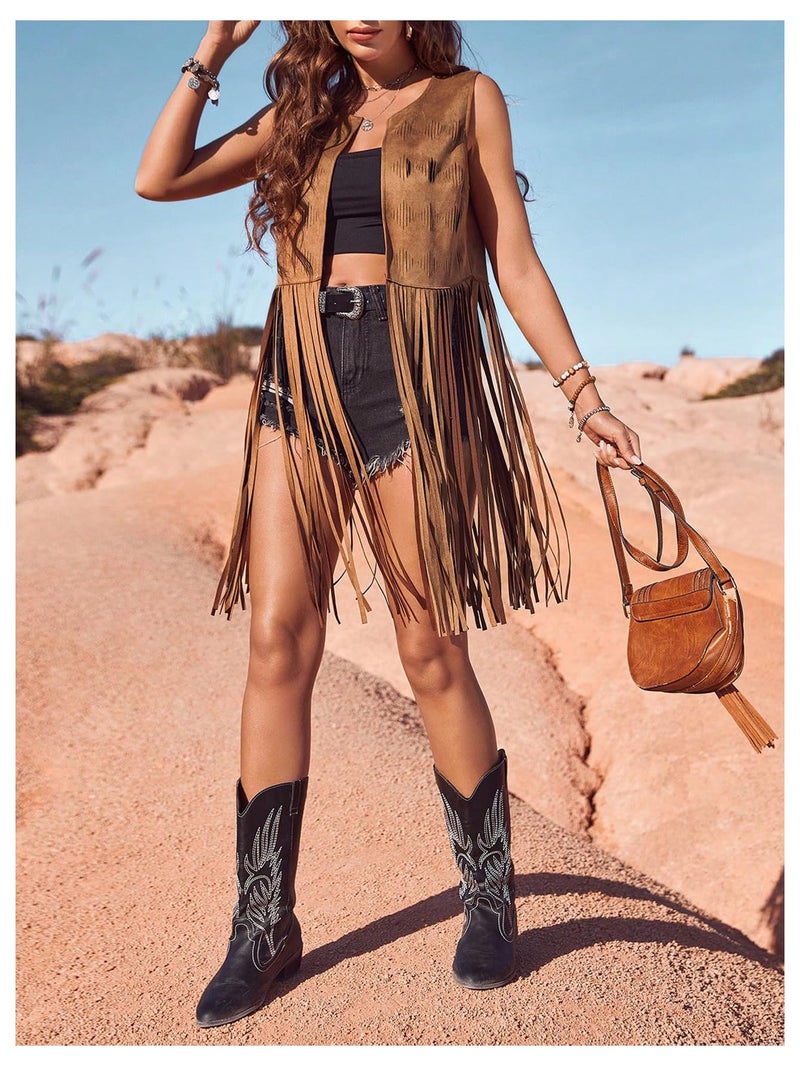 BEAUDRM Women's Fringe Vest Sleeveless 70s Hippie Faux Suede Trim Western Cowgirl Tassel Jacket Cardigan Brown Medium - Image 4