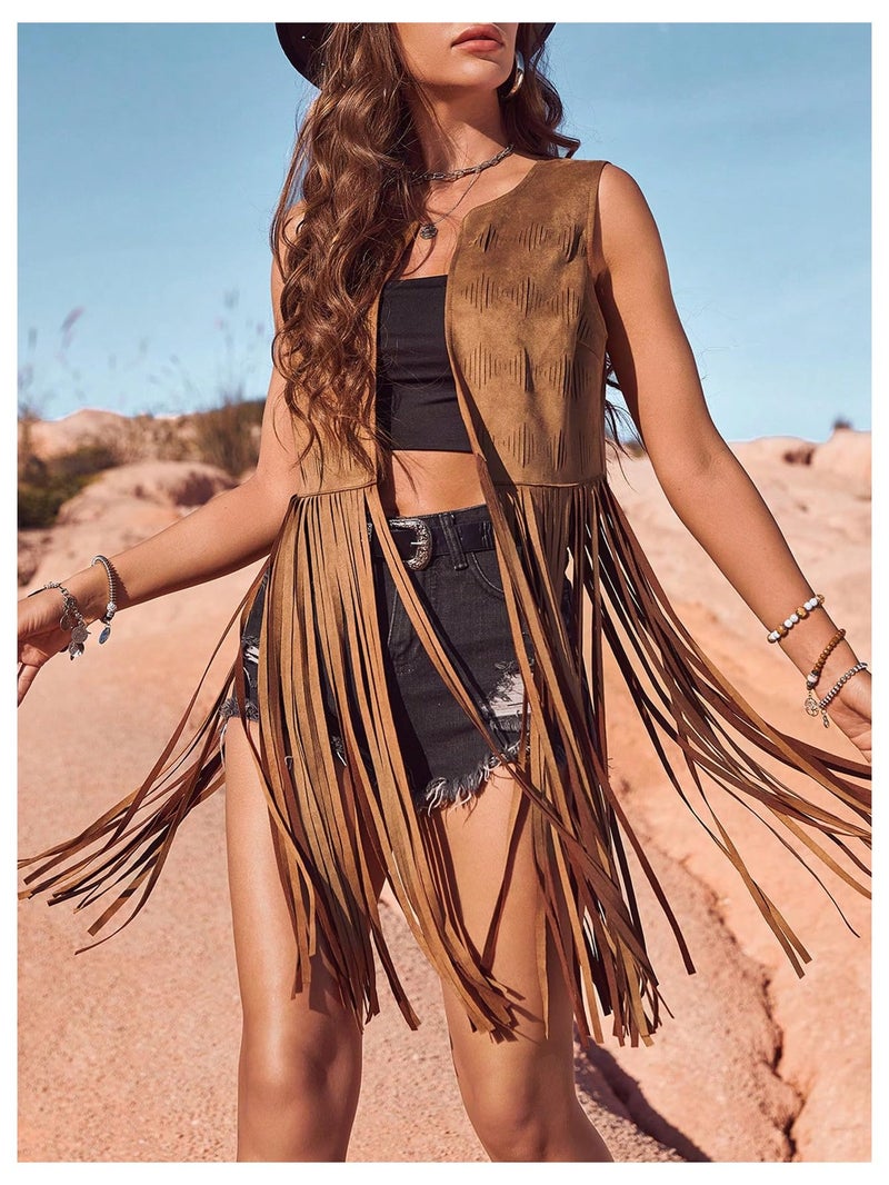 BEAUDRM Women's Fringe Vest Sleeveless 70s Hippie Faux Suede Trim Western Cowgirl Tassel Jacket Cardigan Brown Medium - Image 5