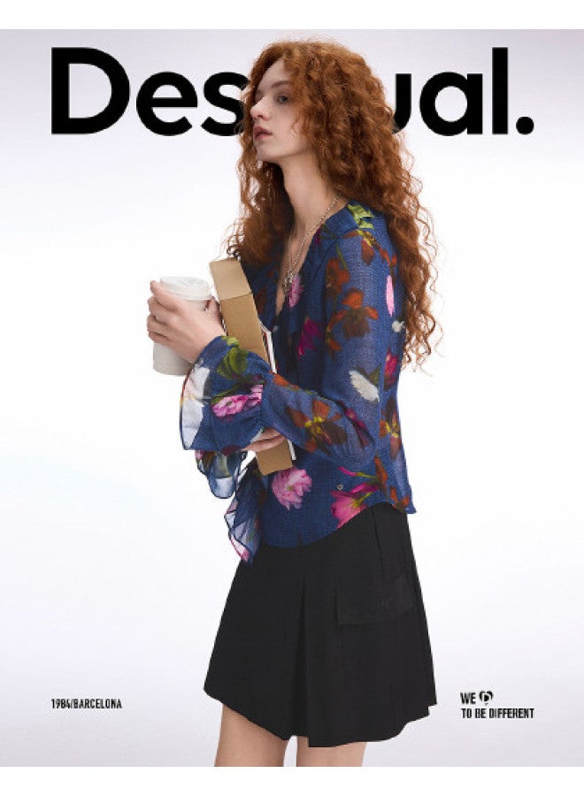 DESIGUAL 25 Spring/summer New Rose Print Flounce Design V-neck Women's Blouse - Image 1