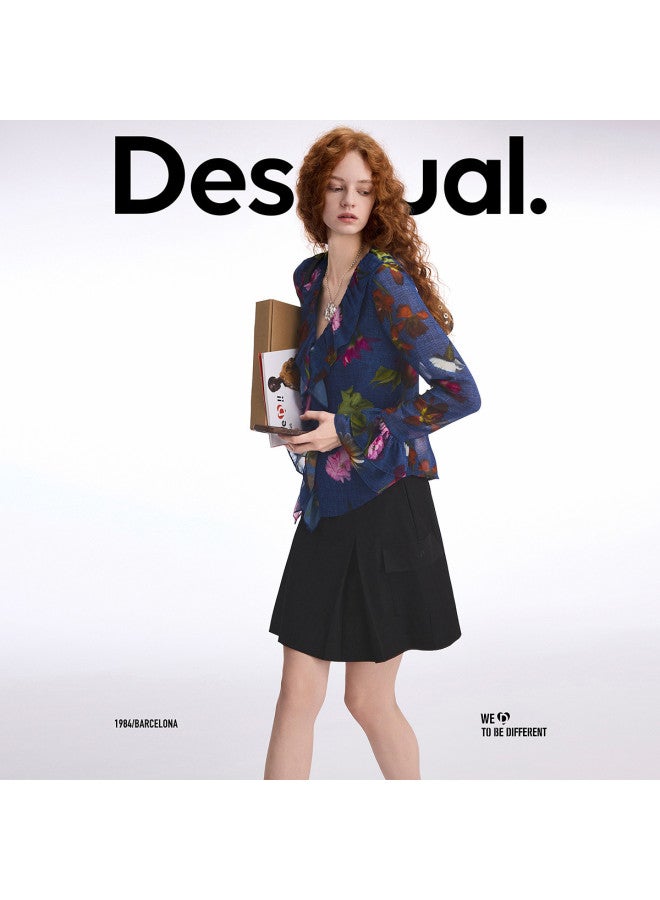 DESIGUAL 25 Spring/summer New Rose Print Flounce Design V-neck Women's Blouse - Image 4