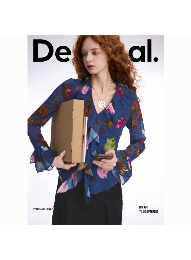 DESIGUAL 25 Spring/summer New Rose Print Flounce Design V-neck Women's Blouse - Image 3