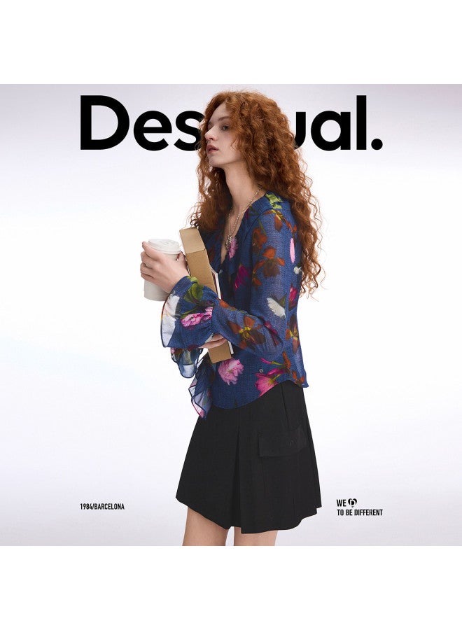 DESIGUAL 25 Spring/summer New Rose Print Flounce Design V-neck Women's Blouse - Image 2