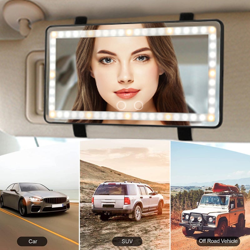 Car Sun Visor Vanity Mirror: 26*13.5*0.9cm White - 3 Light Modes Double Touch Control 1500mAh Rechargeable Battery for Car Makeup Application - Image 2