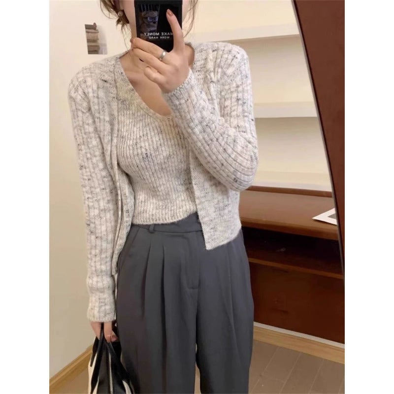 Korean-style Autumn Short Slim-fit Slimming Knitted Cardigan Sling Vest Womens Two-piece Set Elegant V-neck Sweater Jacket Brown - Image 2