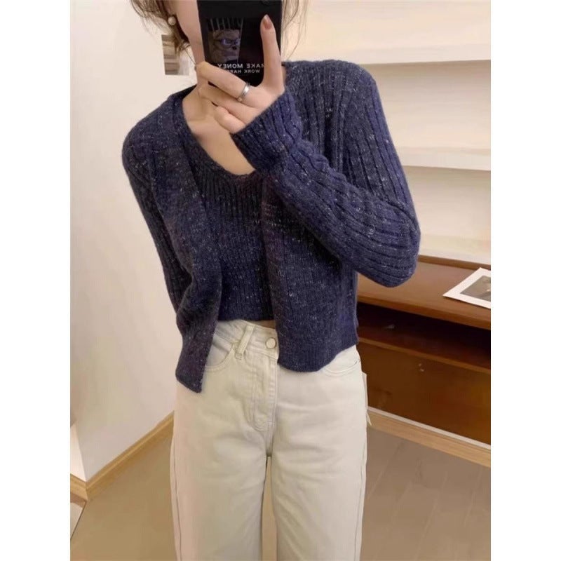 Korean-style Autumn Short Slim-fit Slimming Knitted Cardigan Sling Vest Womens Two-piece Set Elegant V-neck Sweater Jacket Brown - Image 4