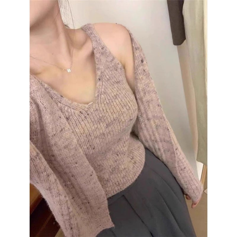 Korean-style Autumn Short Slim-fit Slimming Knitted Cardigan Sling Vest Womens Two-piece Set Elegant V-neck Sweater Jacket Brown - Image 3