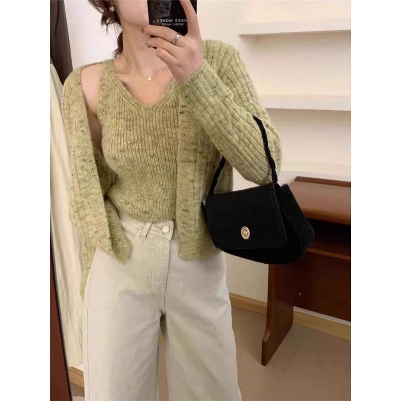 Korean-style Autumn Short Slim-fit Slimming Knitted Cardigan Sling Vest Womens Two-piece Set Elegant V-neck Sweater Jacket Brown - Image 5