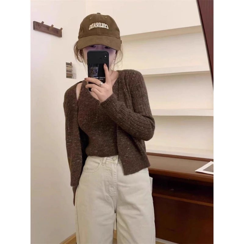 Korean-style Autumn Short Slim-fit Slimming Knitted Cardigan Sling Vest Womens Two-piece Set Elegant V-neck Sweater Jacket Brown - Image 1