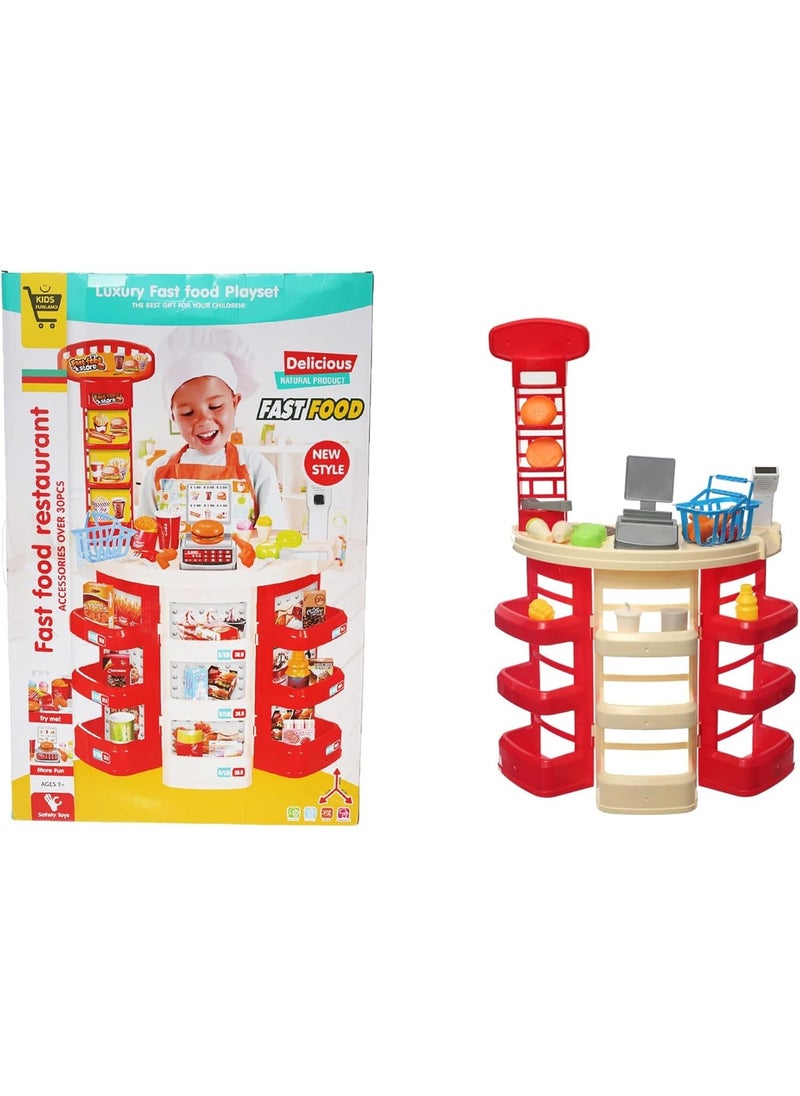 مجموعة لعب مطعم الوجبات السريعة للأطفال مع أكثر من 30 ملحقًا - لعبة تظاهرية مع منضدة وسجل نقدي للأطفال من سن 3 سنوات فما فوق - Image 1