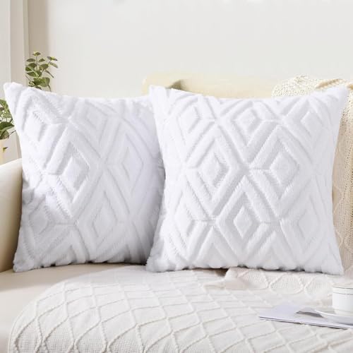 Pallene Soft Faux Fur Throw Pillow Covers 18x18 Set of 2  Plush Wool Decorative Couch Pillow Covers for Sofa Bed Living Room  with 3D Diamond Pattern  Pure White