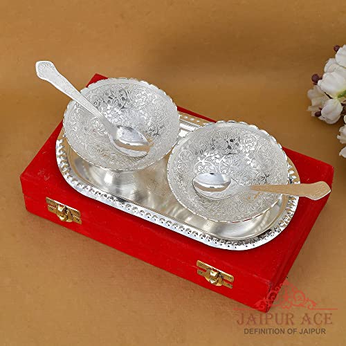Jaipur Ace Round German Silver Plated Bowl with Tray Set Includes -1 Tray, 2 Bowls (150 ml), 2 Spoons | Diwali Gift Set | katori chammach | Serving Bowl | Snack Bowls. - Image 5