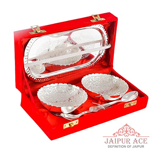 Jaipur Ace Round German Silver Plated Bowl with Tray Set Includes -1 Tray, 2 Bowls (150 ml), 2 Spoons | Diwali Gift Set | katori chammach | Serving Bowl | Snack Bowls. - Image 2