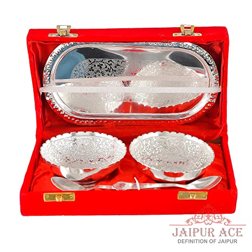 Jaipur Ace Round German Silver Plated Bowl with Tray Set Includes -1 Tray, 2 Bowls (150 ml), 2 Spoons | Diwali Gift Set | katori chammach | Serving Bowl | Snack Bowls. - Image 1