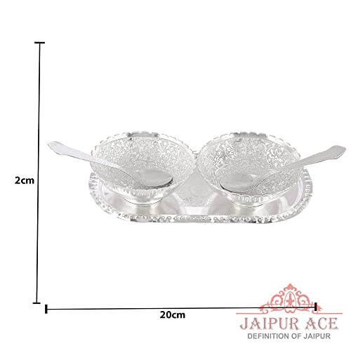 Jaipur Ace Round German Silver Plated Bowl with Tray Set Includes -1 Tray, 2 Bowls (150 ml), 2 Spoons | Diwali Gift Set | katori chammach | Serving Bowl | Snack Bowls. - Image 4