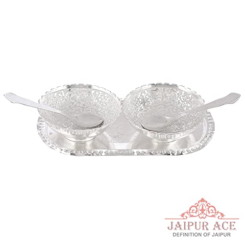 Jaipur Ace Round German Silver Plated Bowl with Tray Set Includes -1 Tray, 2 Bowls (150 ml), 2 Spoons | Diwali Gift Set | katori chammach | Serving Bowl | Snack Bowls. - Image 3