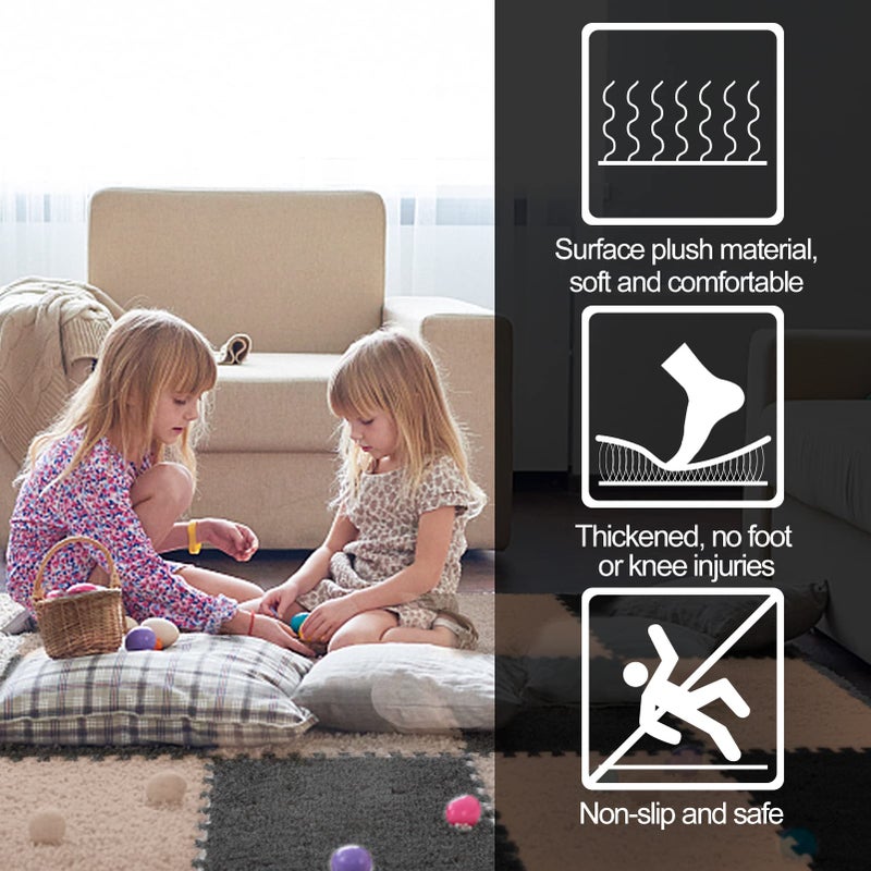 ANPHSIN 12 pcs Thickened Plush Interlocking Floor Mat 0.6" Thick- Fluffy Square Tiles with 12 Edgings Soft Anti-Slip Puzzle Area Rug Playmat for Room (11.8", Gray & Light Brown) - Image 2