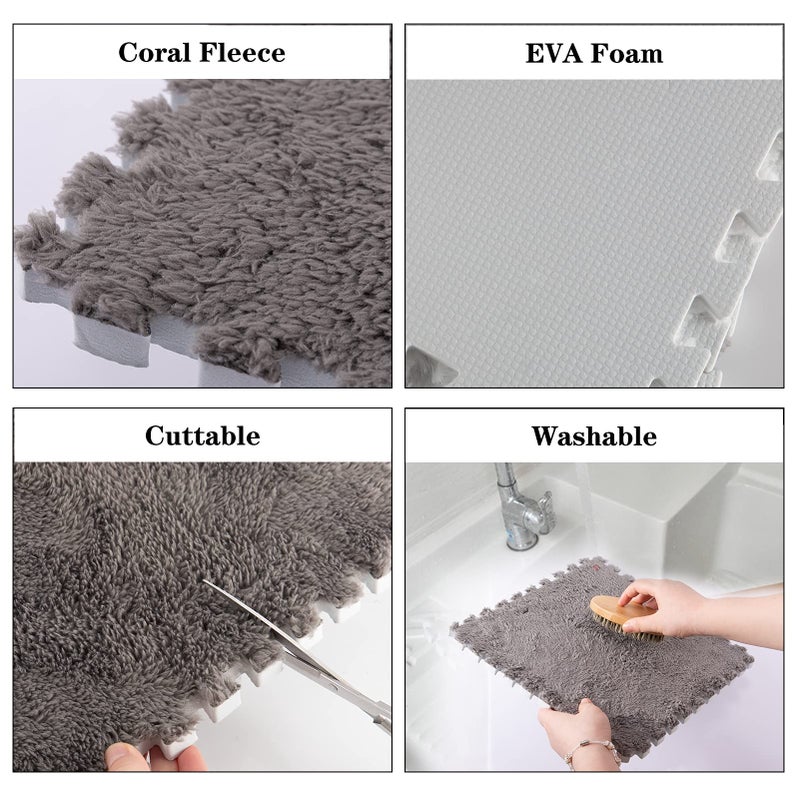 ANPHSIN 12 pcs Thickened Plush Interlocking Floor Mat 0.6" Thick- Fluffy Square Tiles with 12 Edgings Soft Anti-Slip Puzzle Area Rug Playmat for Room (11.8", Gray & Light Brown) - Image 4