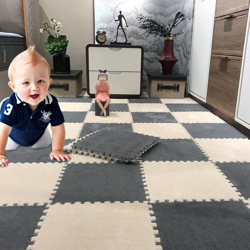 ANPHSIN 12 pcs Thickened Plush Interlocking Floor Mat 0.6" Thick- Fluffy Square Tiles with 12 Edgings Soft Anti-Slip Puzzle Area Rug Playmat for Room (11.8", Gray & Light Brown) - Image 5