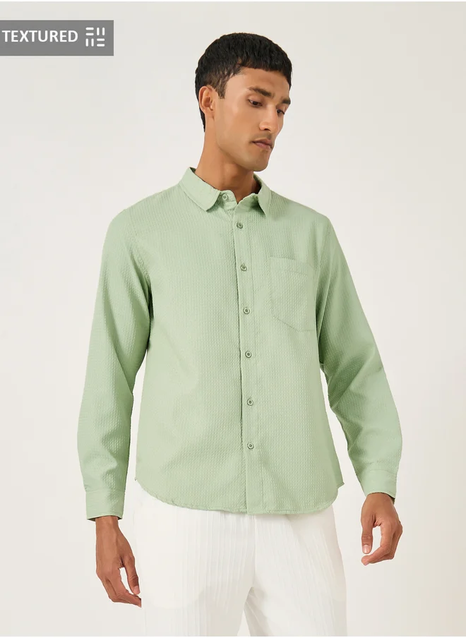 ستايلي Textured Spread Collar Regular Fit Shirt with Pocket Detail