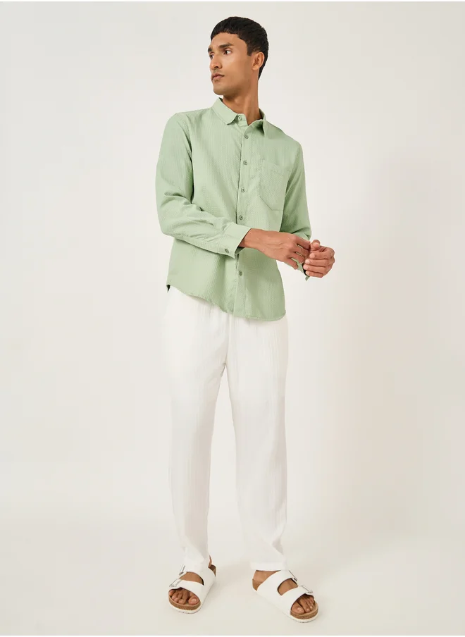 ستايلي Textured Spread Collar Regular Fit Shirt with Pocket Detail
