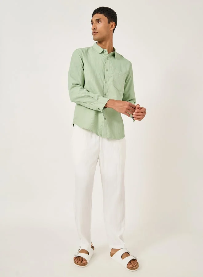 Styli Textured Spread Collar Regular Fit Shirt with Pocket Detail