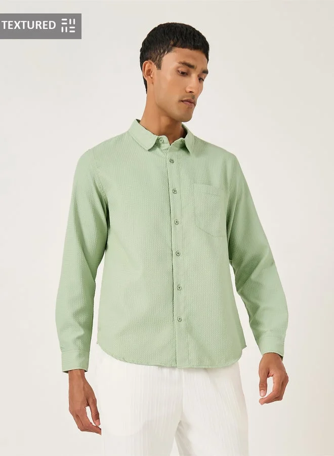 Styli Textured Spread Collar Regular Fit Shirt with Pocket Detail