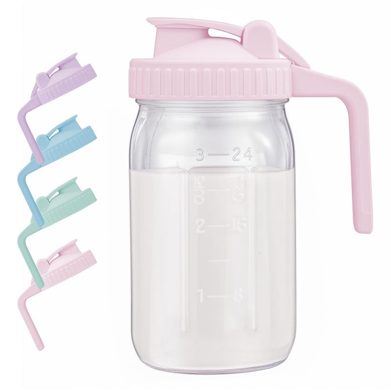 AoeJarry Breast Milk Pitcher with Leak Proof Flip Cap & Pour Spout, 32 oz Wide Mouth Mason Jars for Breast Milk Storage Container, Glass Picther with Lid for Cold Brew Coffee, Sun Tea, Juices, Pink - Image 1