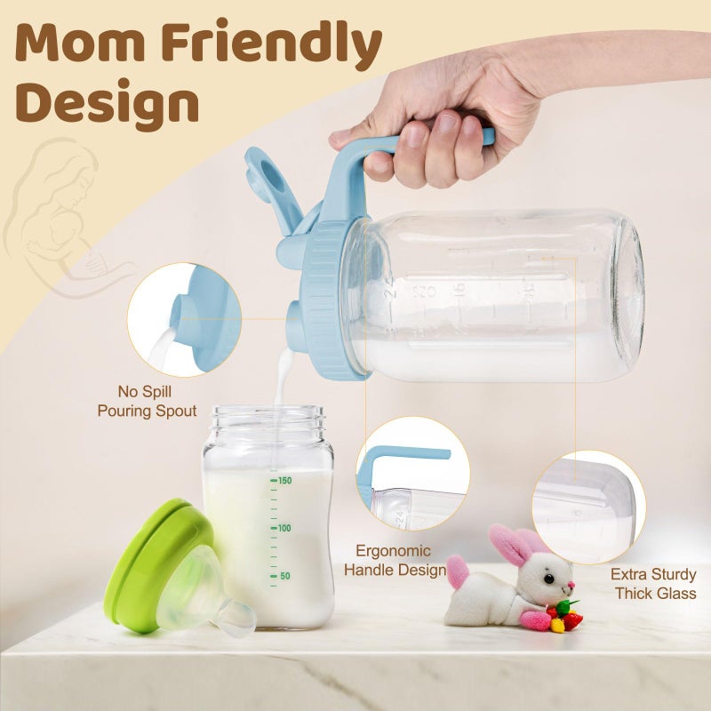 AoeJarry Breast Milk Pitcher with Leak Proof Flip Cap & Pour Spout, 32 oz Wide Mouth Mason Jars for Breast Milk Storage Container, Glass Picther with Lid for Cold Brew Coffee, Sun Tea, Juices, Pink - Image 2