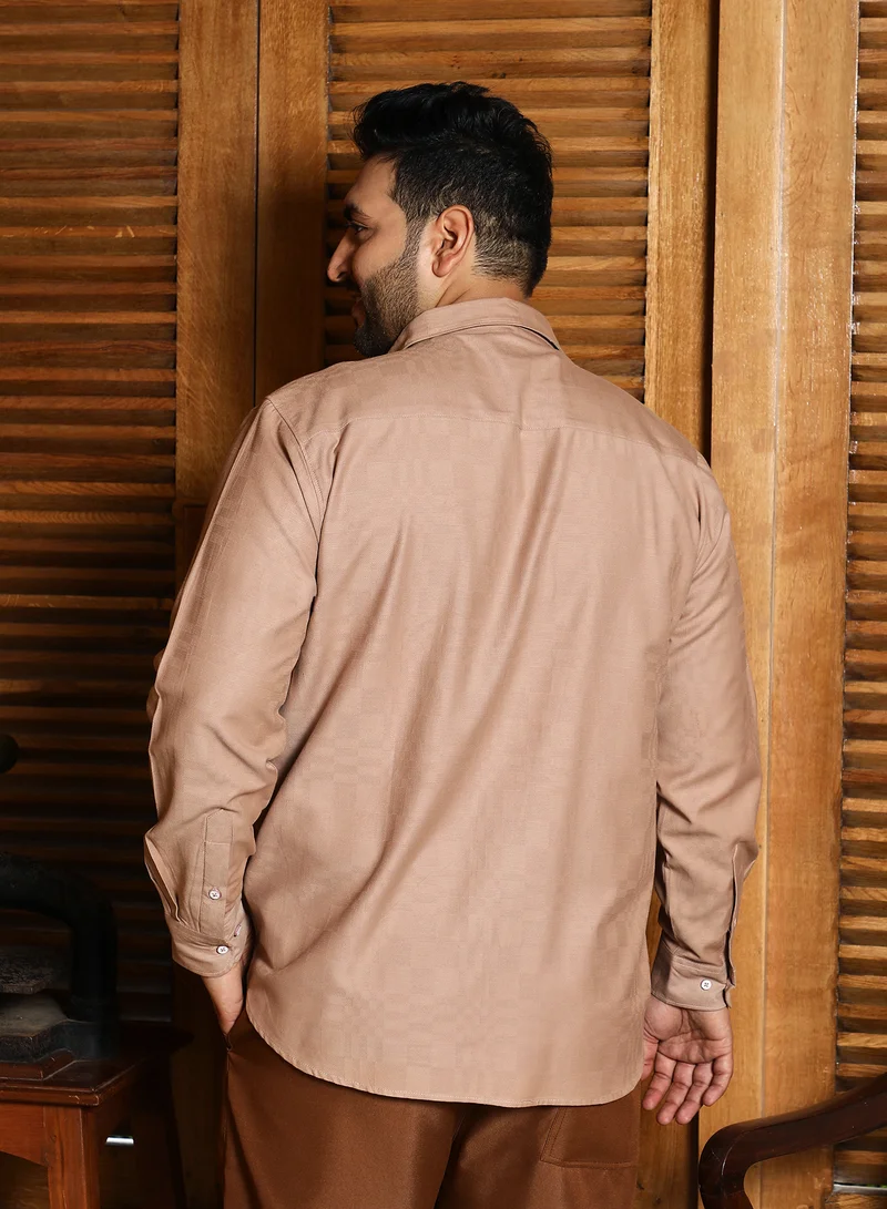Instafab Plus  Instafab Plus Men's Ecru Beige Duo-Cubic Imprint Shirt | Spread Collar , Long Cuffed Sleeves , Button Closure , Curved Hemline | Geometric-Print Jacquard Cotton-Blend For Street & Casual Wear for Men | Best Price UAE