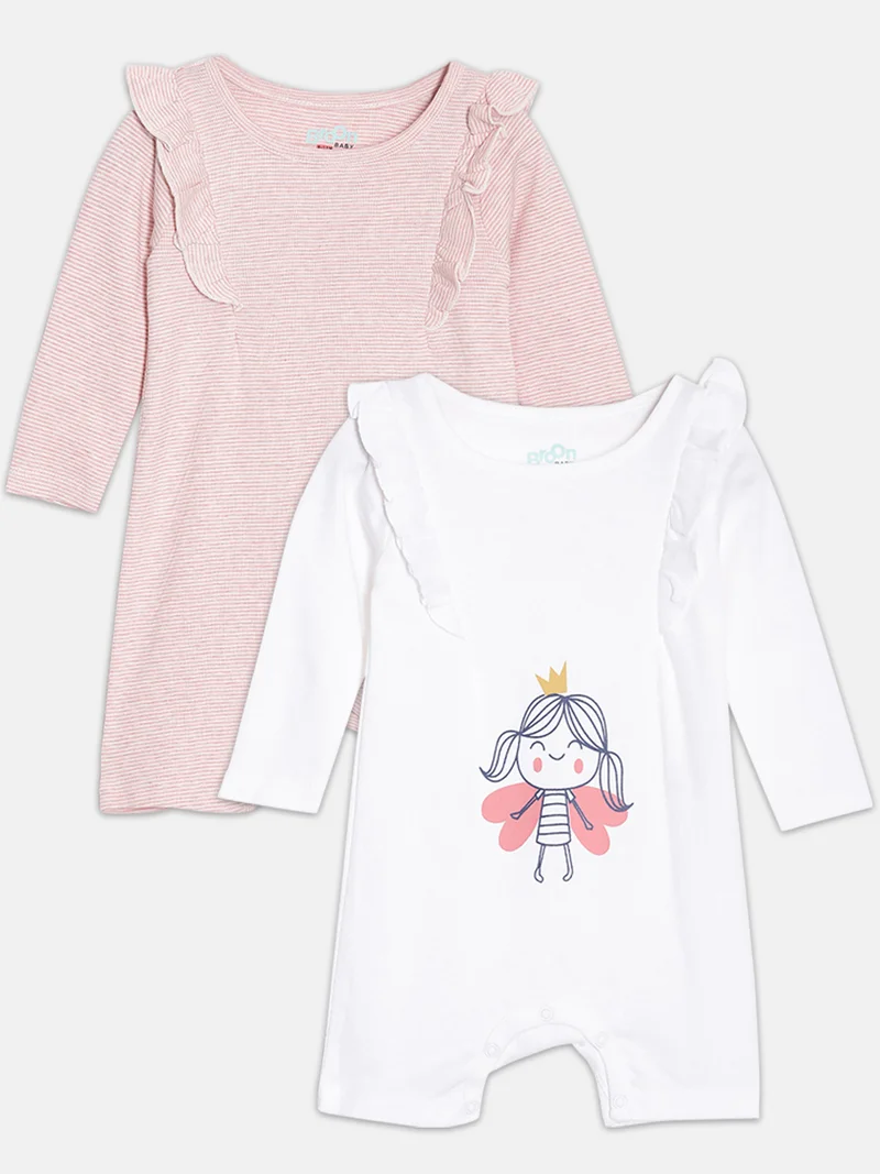 Broon Broon Infant Girls Pink and White Printed Organic Cotton Rompers Pack of 2