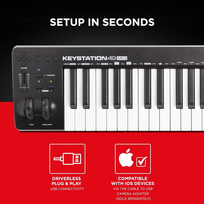إم أوديو M-Audio Keystation 49 Mk3 | وحدة تحكم لوحة مفاتيح MIDI مدمجة شبه مرجحة بـ 49 مفتاحًا مع أدوات تحكم قابلة للتخصيص وعجلات Pitch/Modulation ومجموعة برامج إنتاج مضمنة تعمل بالطاقة USB - Image 5