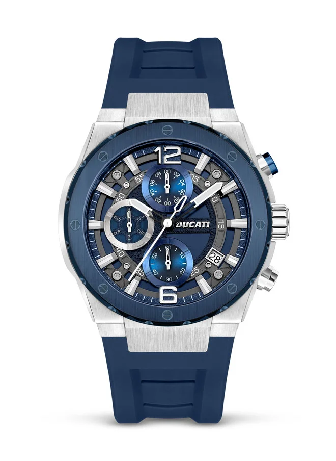 Ducati DT003 Chronograph 43.5mm Men's Watch with Partial Blue See-Through Dial, Silicone Strap