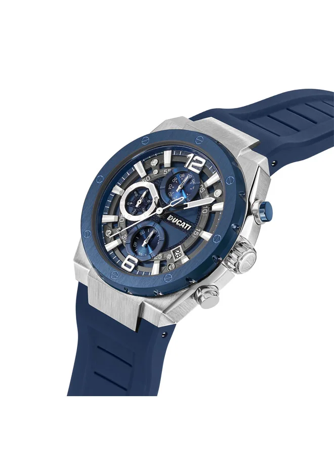 Ducati DT003 Chronograph 43.5mm Men's Watch with Partial Blue See-Through Dial, Silicone Strap