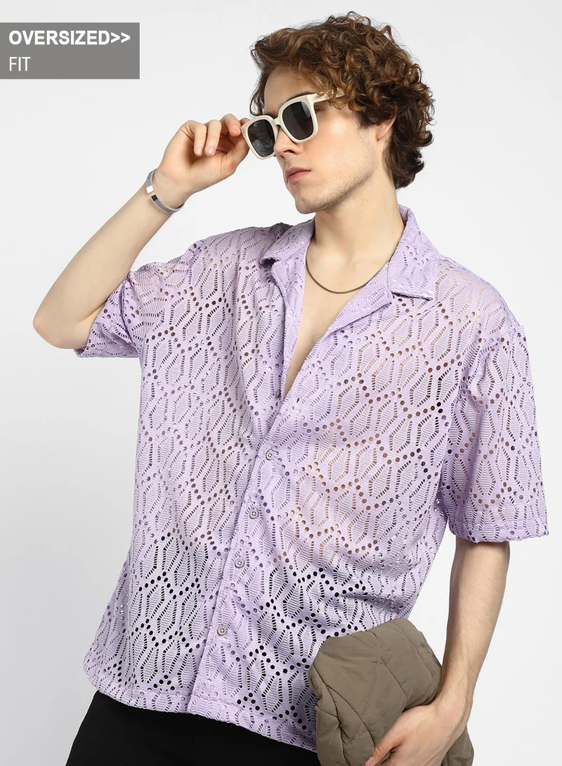 Campus Sutra Men's Lavender Boho Knit Oversized Shirt