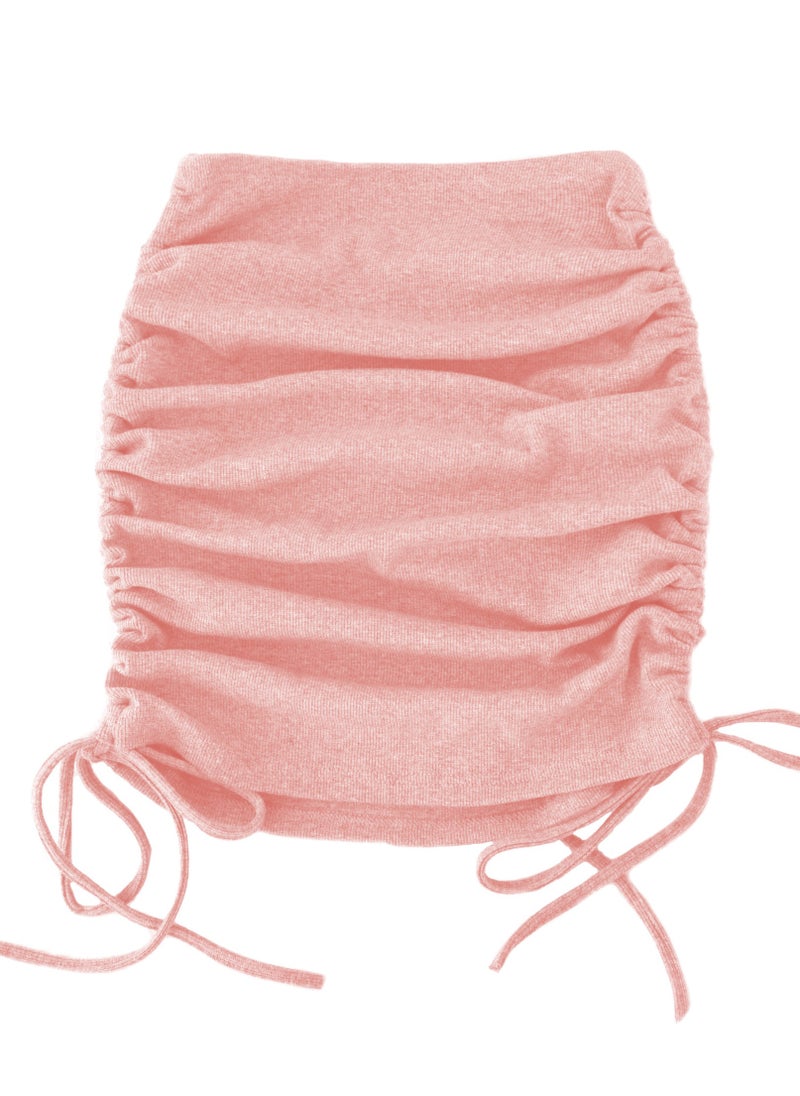 Loquat Women's Fashion Simple Knitted Thread Side Drawstring Elastic Pleated Skirt 