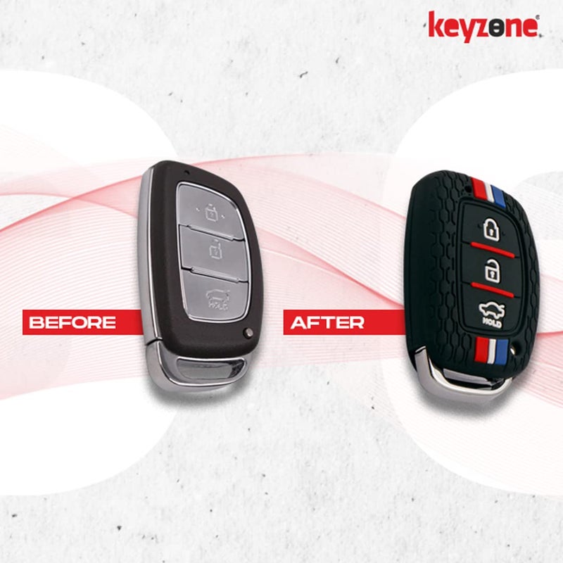 Keyzone® Striped Silicone Key Cover Compatible for i10 Grand, i20 Elite, i20 Active, Xcent, Verna 4s, Tucson, Elantra, Grand i10 Nios (3 Button Smart Key, Black) - Image 5
