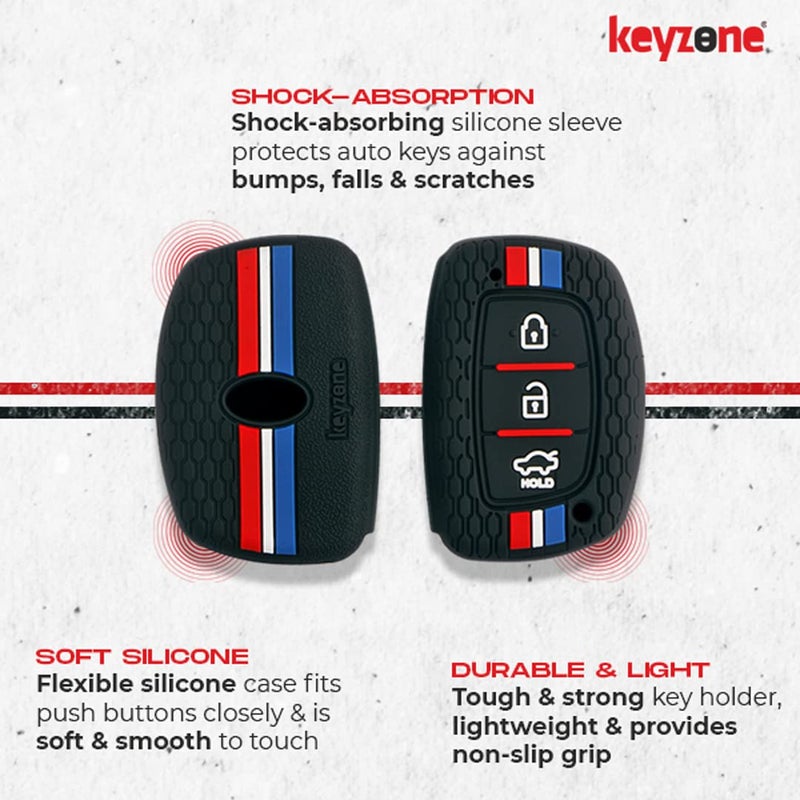 Keyzone® Striped Silicone Key Cover Compatible for i10 Grand, i20 Elite, i20 Active, Xcent, Verna 4s, Tucson, Elantra, Grand i10 Nios (3 Button Smart Key, Black) - Image 4