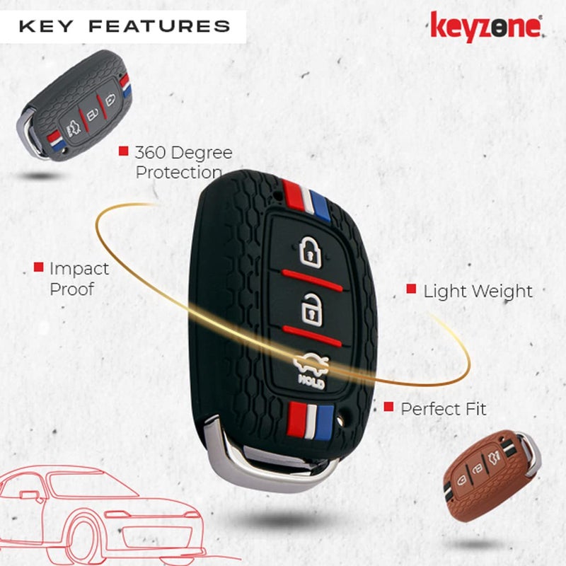 Keyzone® Striped Silicone Key Cover Compatible for i10 Grand, i20 Elite, i20 Active, Xcent, Verna 4s, Tucson, Elantra, Grand i10 Nios (3 Button Smart Key, Black) - Image 2