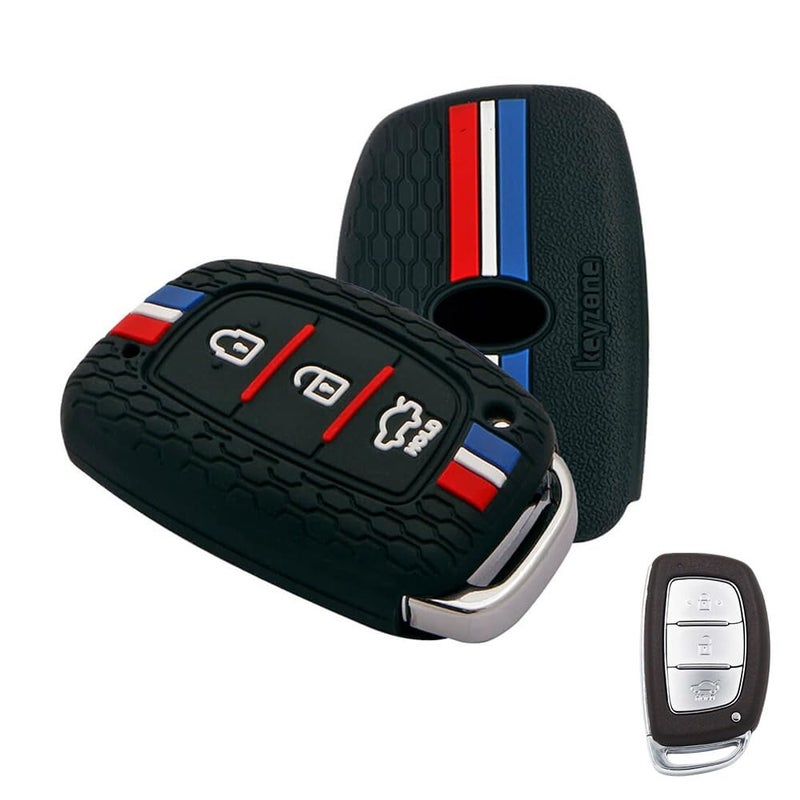 Keyzone® Striped Silicone Key Cover Compatible for i10 Grand, i20 Elite, i20 Active, Xcent, Verna 4s, Tucson, Elantra, Grand i10 Nios (3 Button Smart Key, Black) - Image 1