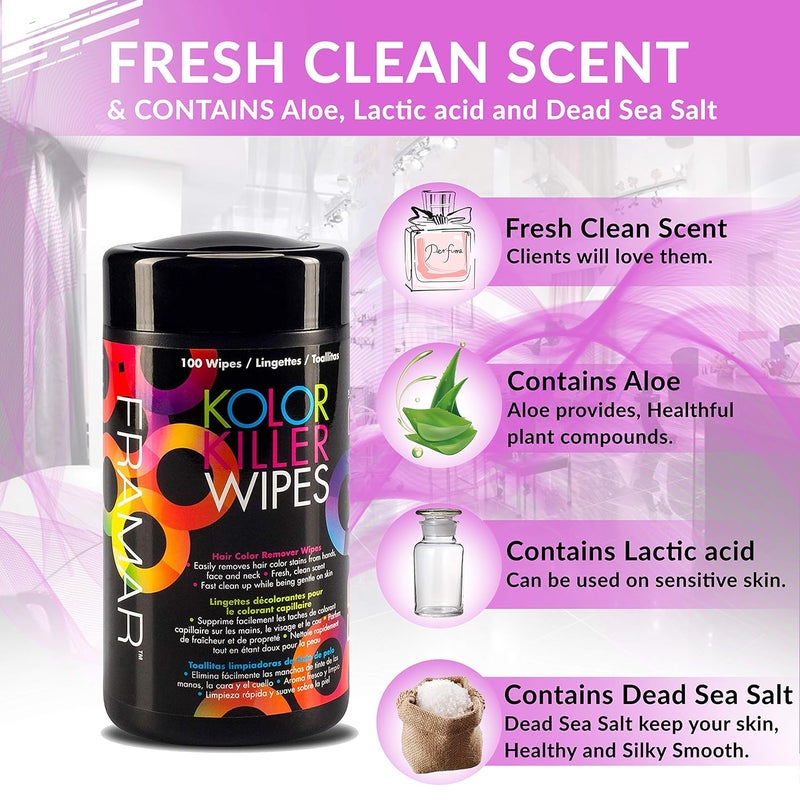 framar مناديل كولور كيلر - مزيل صبغة الشعر للبشرة، مزيل لون الشعر للشعر المصبوغ، لطيف على البشرة، رائحة ممتعة - موزع مناديل يحتوي على 100 مناديل - Image 3