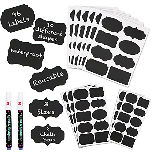 Mantah Chalkboard Label Stickers 96pcs - 9 Assorted Shapes in 3 Sizes with 2 White Chalk Marker, Reusable Waterproof Label for Storage Bin, Food Container, Jars, Containers - Image 1