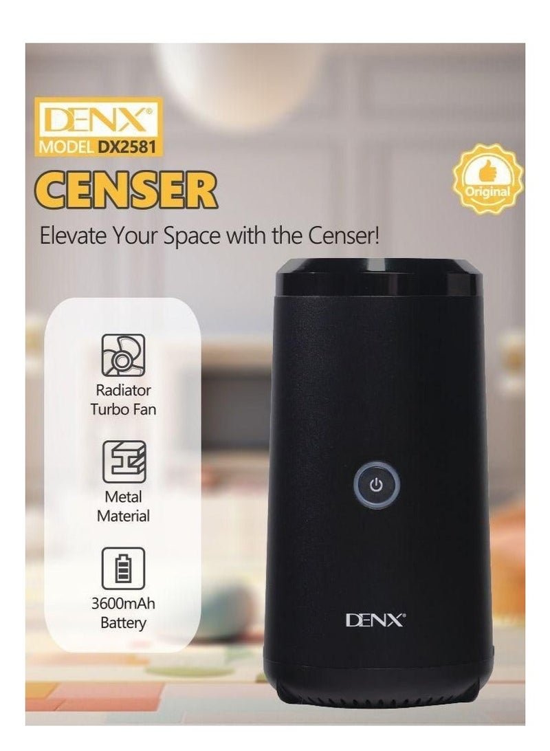 دينكس مبخرة كهربائية DENX DX2581 - مبخرة بخور وعود معدنية محمولة، بطارية قابلة لإعادة الشحن من نوع Type-C بسعة 3600 مللي أمبير، مروحة توربو لنشر العطر بسرعة، مناسبة للمنزل والمكتب والسيارة. - Image 3