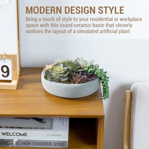 MyGift 8 Inch Round Modern Artificial Succulent Arrangement Potted in Gray Concrete Plant Bowl Assorted Faux Mini Succulents in a Decorative Planter Pot - Image 3