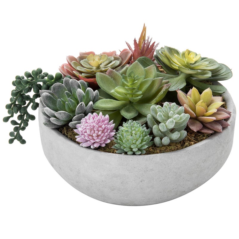MyGift 8 Inch Round Modern Artificial Succulent Arrangement Potted in Gray Concrete Plant Bowl Assorted Faux Mini Succulents in a Decorative Planter Pot - Image 2