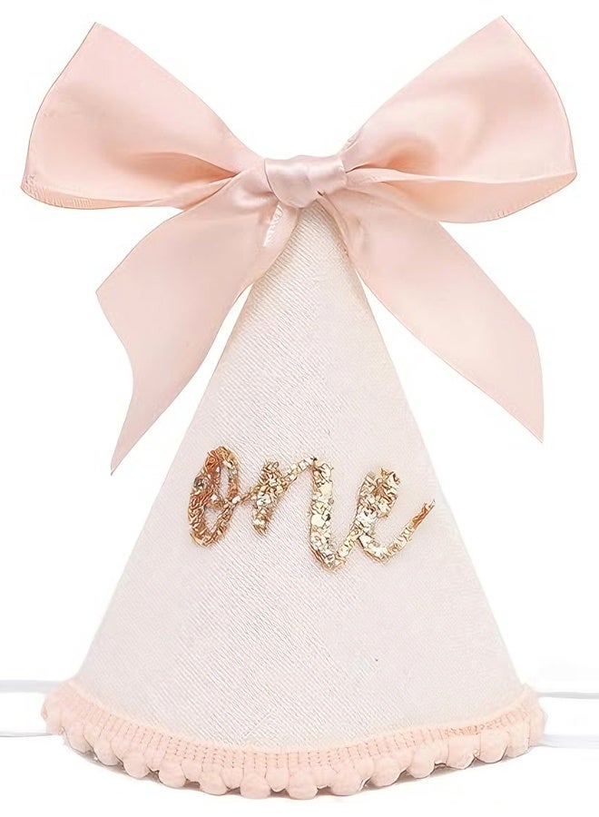 قبعات عيد الميلاد الأول، قبعة عيد الميلاد الأول المرصعة بالترتر مع فيونكة وردية اللون للطفلة، قبعة مخروطية بوهيمية للأطفال الرضع لجلسة تصوير واحتفال بعمر سنة واحدة - Image 1